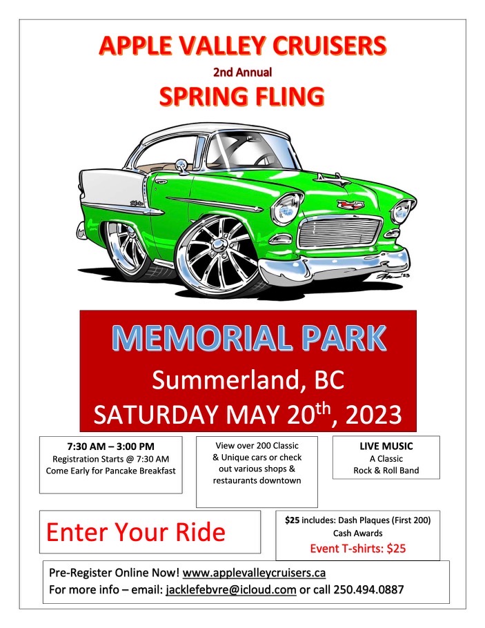 Poster for Spring Fling 2023 event in Memorial Park, Summerland, BC  Saturday May 20th 2023.
