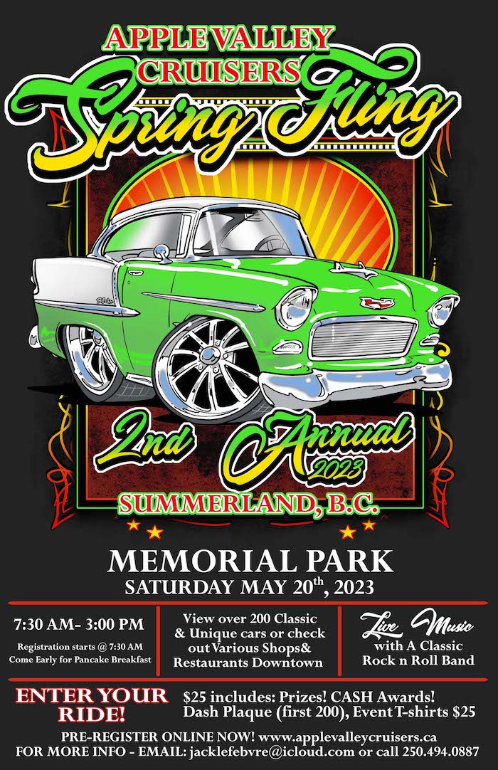 Poster for Spring Fling 2023 event in Memorial Park, Summerland, BC Saturday May 20th 2023.